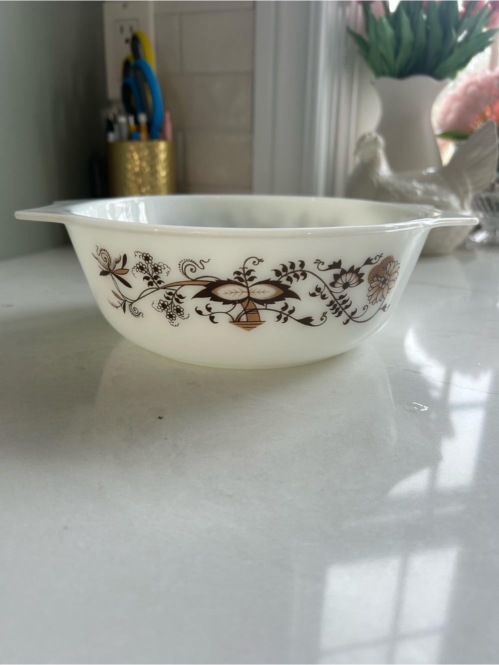 Vintage Pyrex England Brown Floral Round Casserole Dish – No Lid